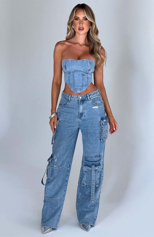 Cepli Bağcıklı Denim Kargo Pantolon Niebbla