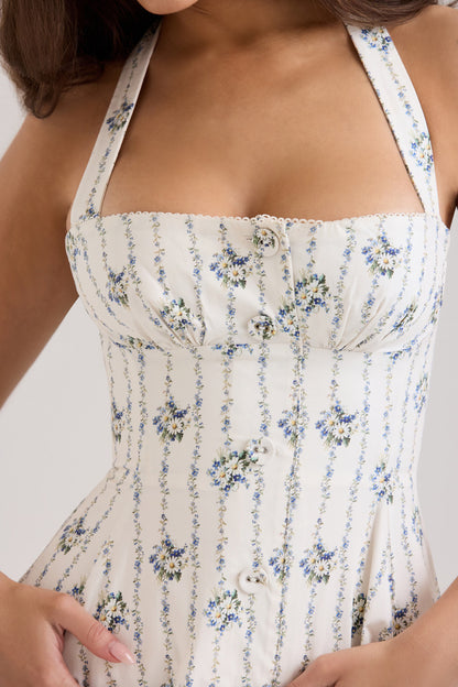 Çiçek Desenli Esnek Pamuk Halter Midi Elbise Niebbla