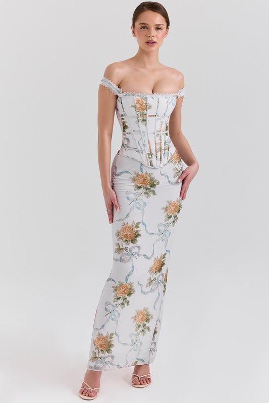 Açık Mavi Vintage Desenli Korse Maxi Elbise Niebbla