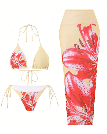 Çiçek Desenli Halter Kravat Sırtlı Bikini-Pareo Niebbla