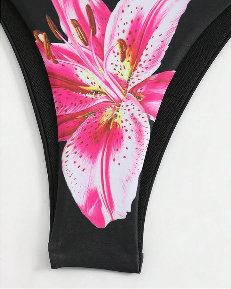 Çiçek Desenli Halter Kravat Sırtlı Bikini-Pareo Niebbla