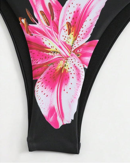 Çiçek Desenli Halter Kravat Sırtlı Bikini-Pareo Niebbla