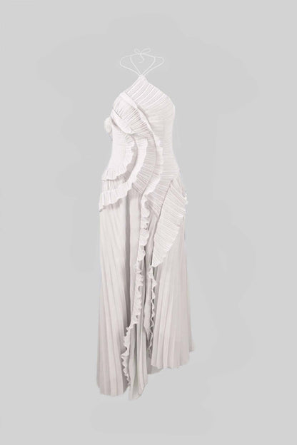 Fırfır Detaylı Pileli Halter Midi Elbise Siaora