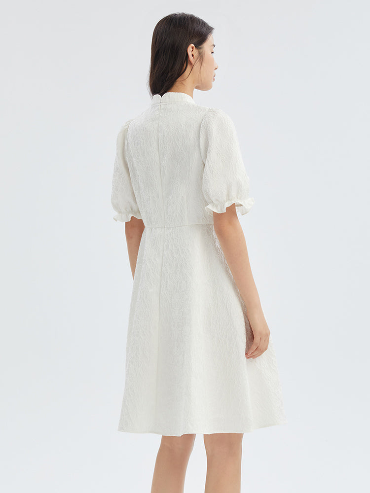 Beyaz Çekoslovak Qipao Jacquard Puff Kol Midi Elbise Siaora