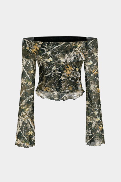 Branch Print Mesh Off Shoulder Uzun Kollu Üst Siaora