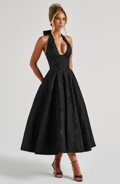Siyah Dantelli Halter Yaka Midi Elbise Niebbla