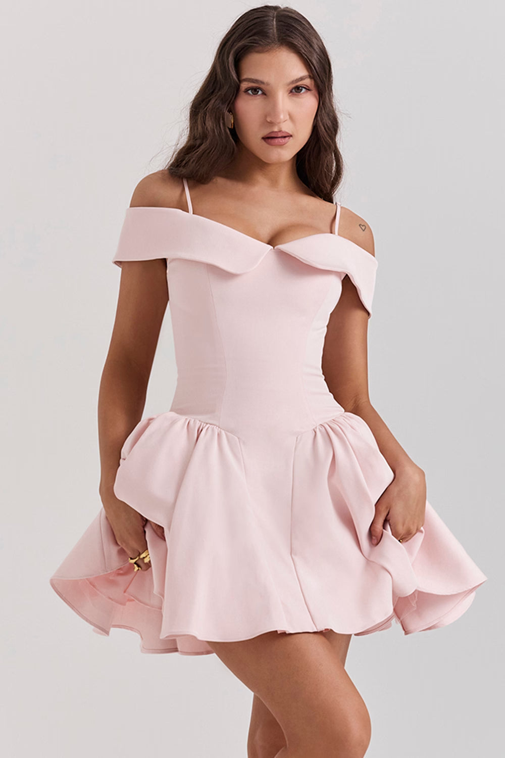 Elida Ballerina Pembe Omuz Açık Mini Elbise Niebbla