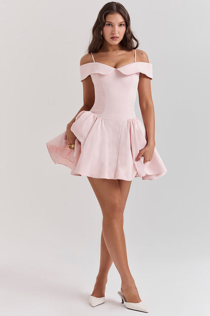 Elida Ballerina Pembe Omuz Açık Mini Elbise Niebbla