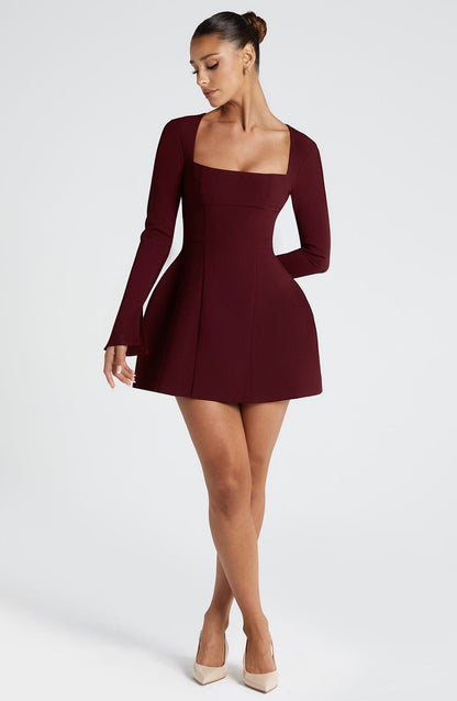Bordo Kare Yaka Mini Elbise Niebbla