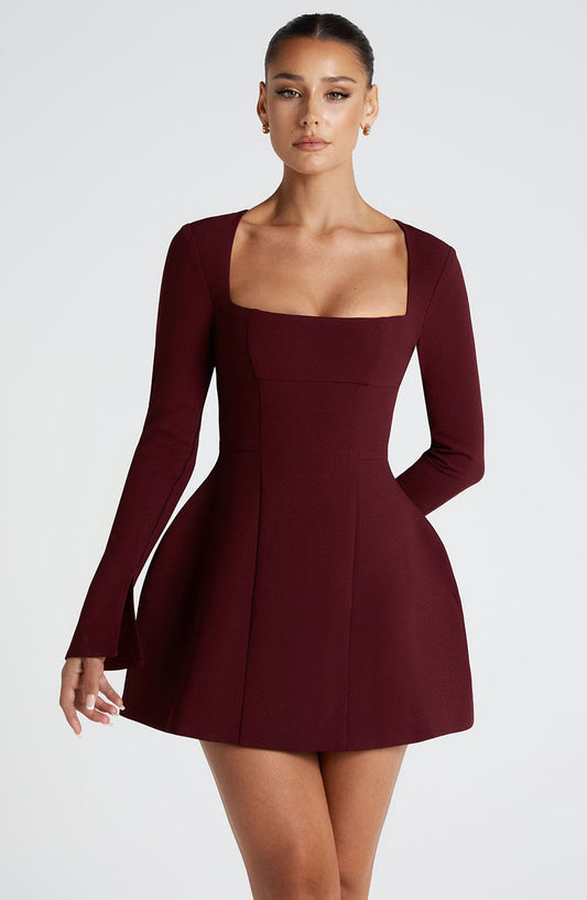 Bordo Kare Yaka Mini Elbise Niebbla