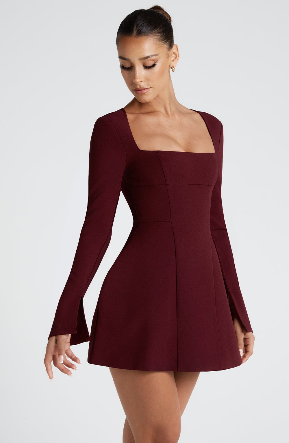 Bordo Kare Yaka Mini Elbise Niebbla