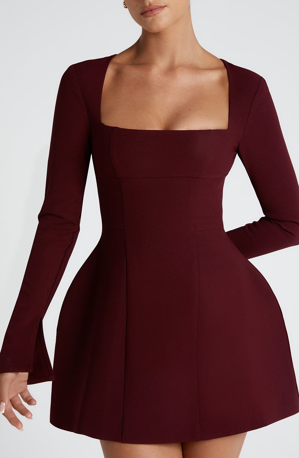 Bordo Kare Yaka Mini Elbise Niebbla