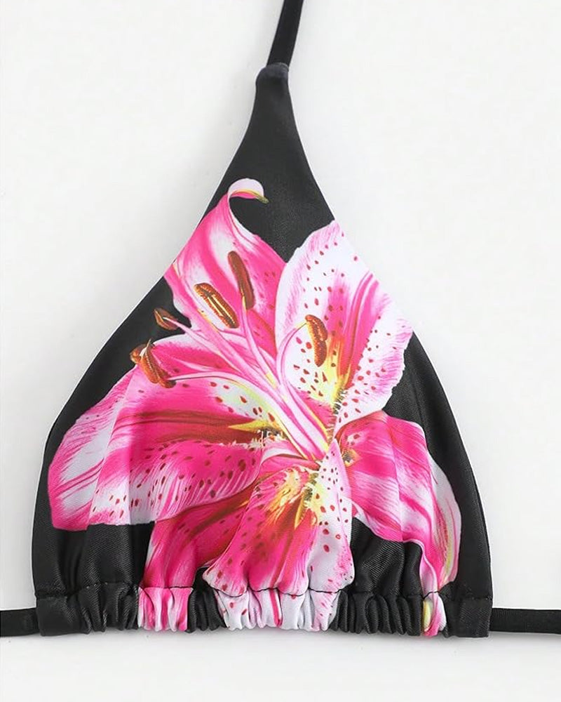Çiçek Desenli Halter Kravat Sırtlı Bikini-Pareo Niebbla