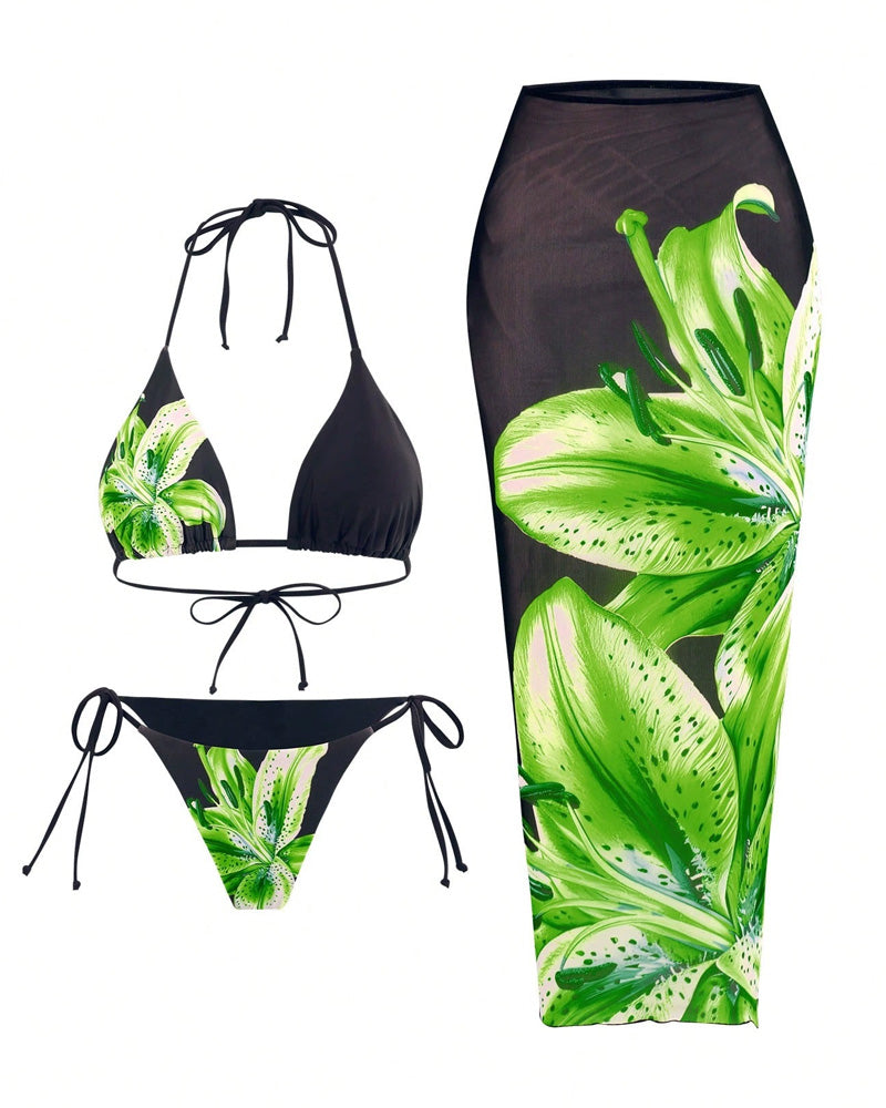 Çiçek Desenli Halter Kravat Sırtlı Bikini-Pareo Niebbla