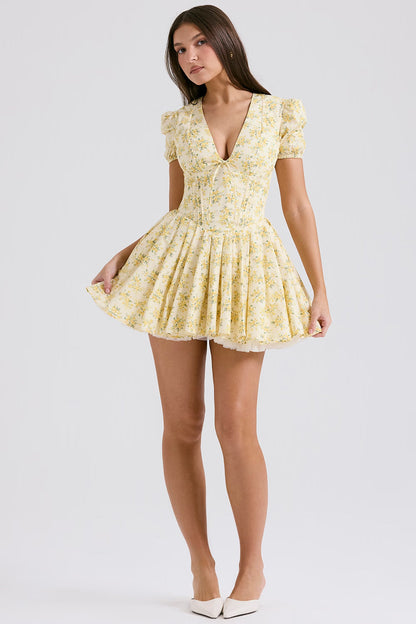 Imani Buttercup Vintage Çiçek Desenli Pileli Pamuklu Mini Elbise Niebbla