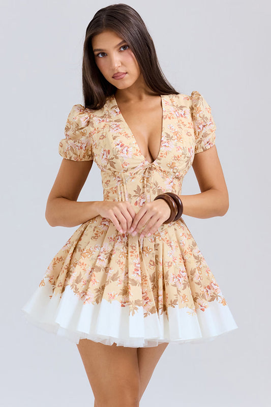 Imani Buttercup Vintage Çiçek Desenli Pileli Pamuklu Mini Elbise Niebbla