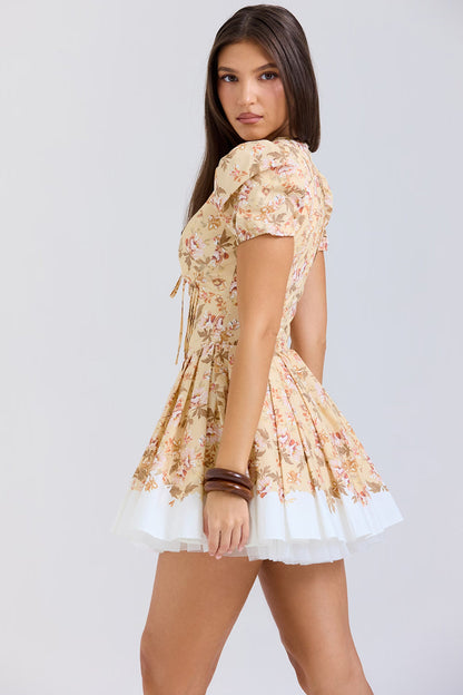 Imani Buttercup Vintage Çiçek Desenli Pileli Pamuklu Mini Elbise Niebbla