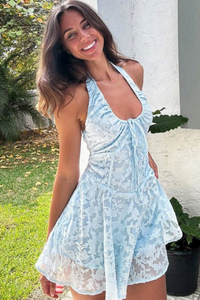 Breezy Halter Papyon Düşük Bel Jakarlı Tatil Çiçekli Mini Elbisesi Niebbla