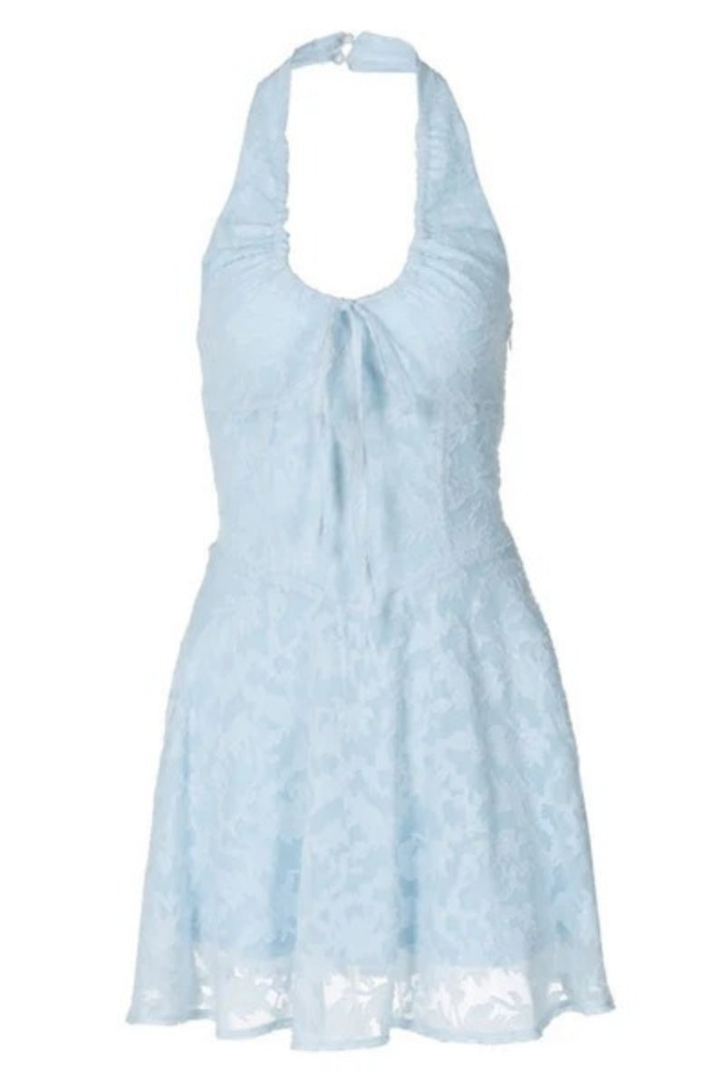 Breezy Halter Papyon Düşük Bel Jakarlı Tatil Çiçekli Mini Elbisesi Niebbla