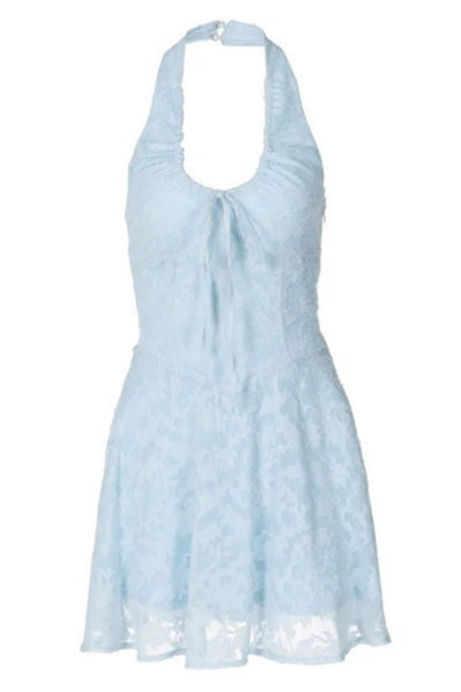 Breezy Halter Papyon Düşük Bel Jakarlı Tatil Çiçekli Mini Elbisesi Niebbla