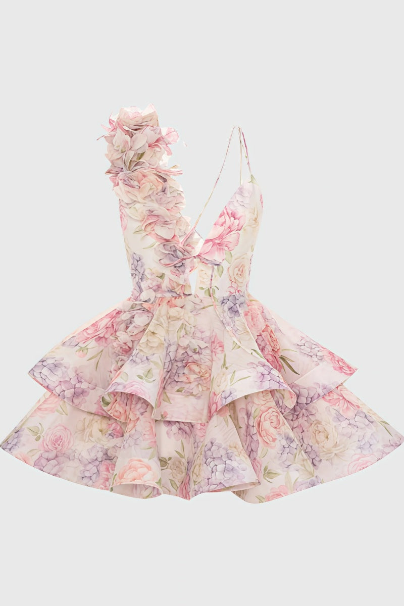 Pembe Sırtı Açık Baskılı Mini Elbise Niebbla