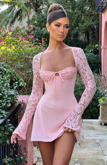 Pembe Dantel Kollu Mini Elbise Niebbla