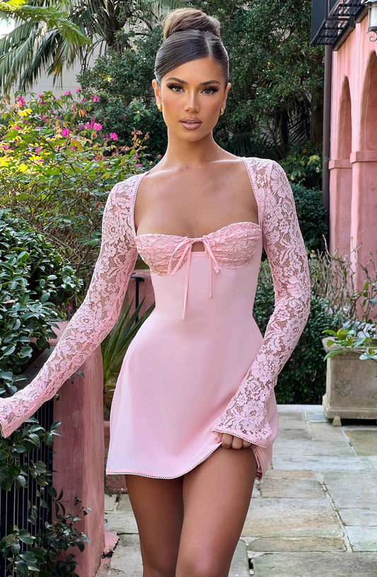 Pembe Dantel Kollu Mini Elbise Niebbla