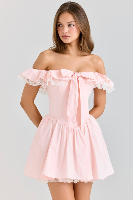 Pembe Streç Pamuklu Omuzdan Askılı Korse Mini Elbise Niebbla