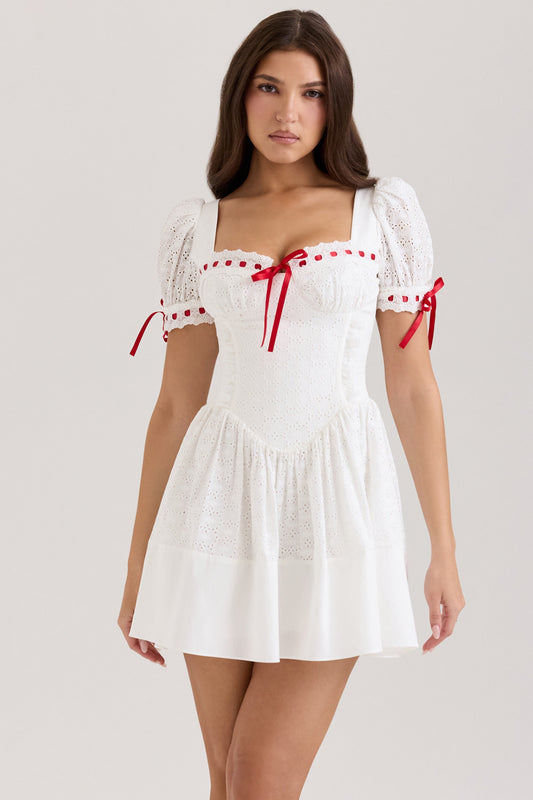 Jana Beyaz Broderie Anglaise Puf Kol Mini Elbise Niebbla
