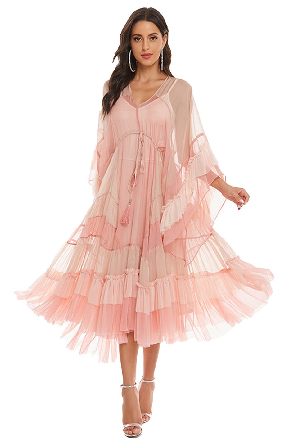 Katie Mesh Degrade Pembe Midi Uzun Elbise Niebbla