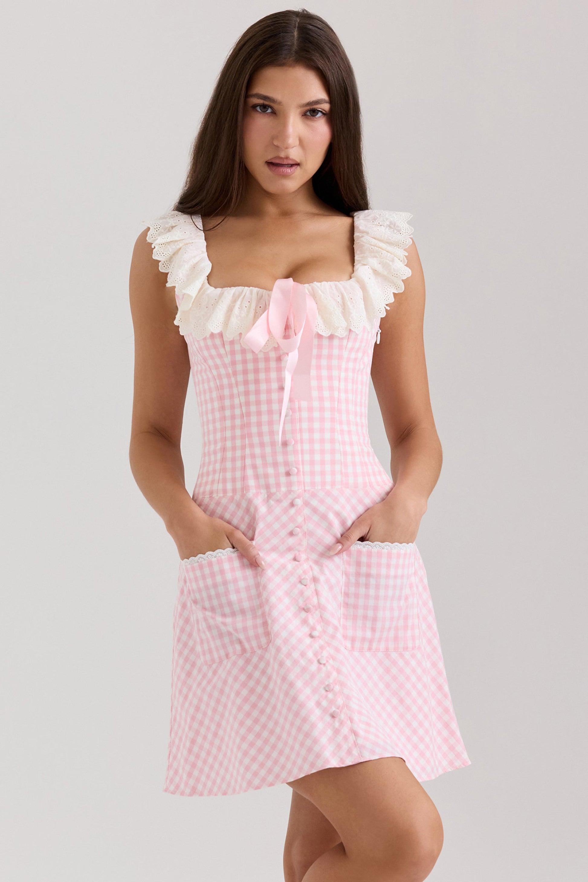 Astra Pembe Gingham Pamuklu Volan Yaka Mini Elbise Niebbla