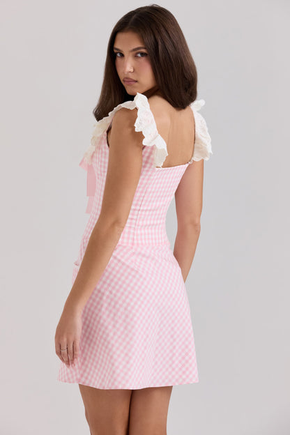 Astra Pembe Gingham Pamuklu Volan Yaka Mini Elbise Niebbla