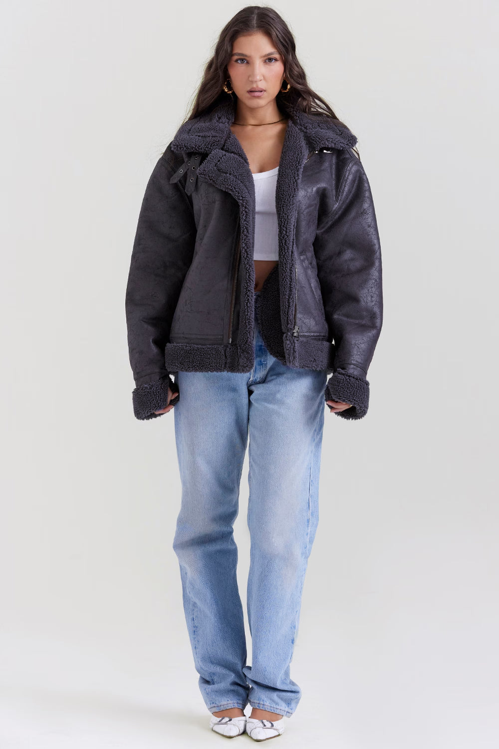 Madden Gri Vegan Shearling Aviator Mont Niebbla