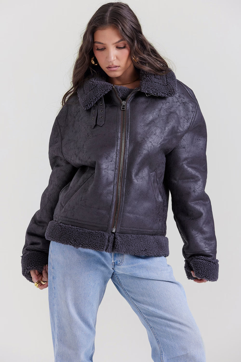 Madden Gri Vegan Shearling Aviator Mont Niebbla