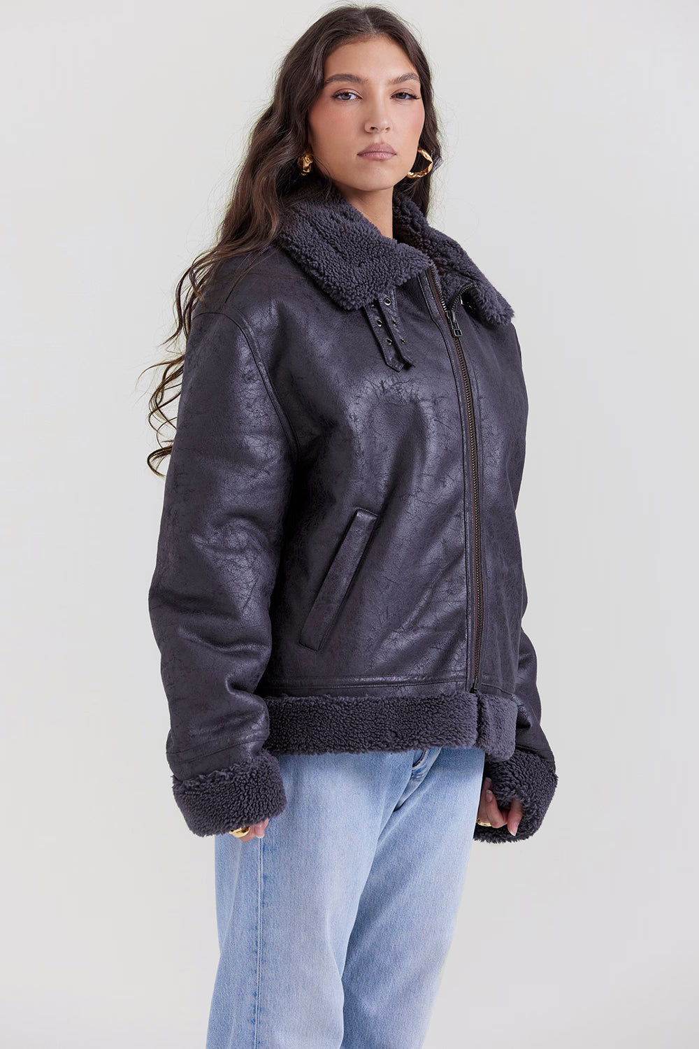 Madden Gri Vegan Shearling Aviator Mont Niebbla