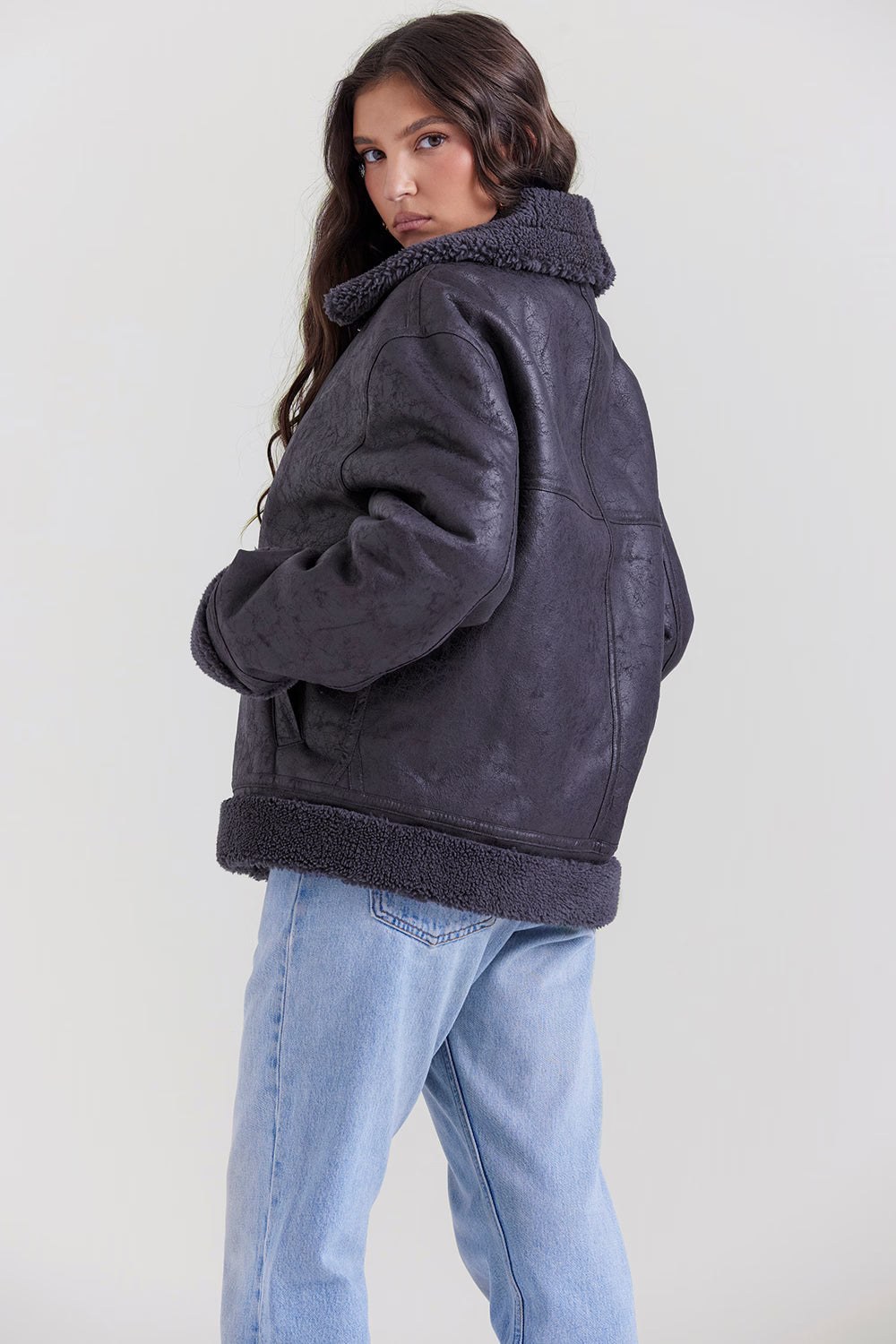 Madden Gri Vegan Shearling Aviator Mont Niebbla