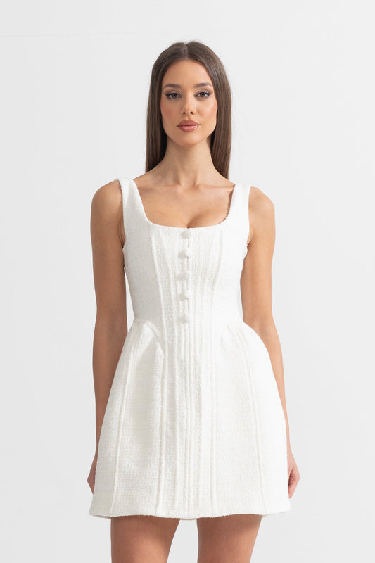 Fitted Bodice ile Dokulu Kolsuz Mini Elbise Siaora