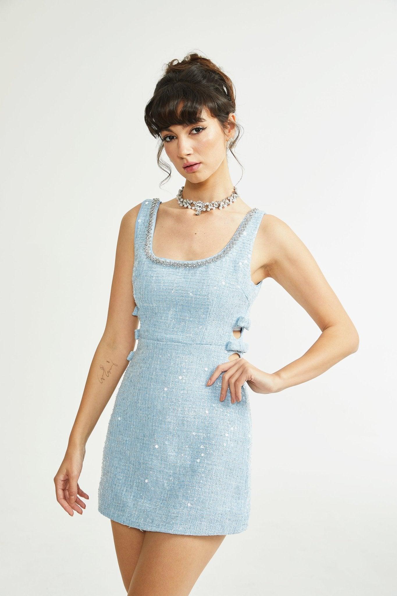 "Manon Charm" Açık Mavi Işıltılı Tweed Mini Elbise Siaora