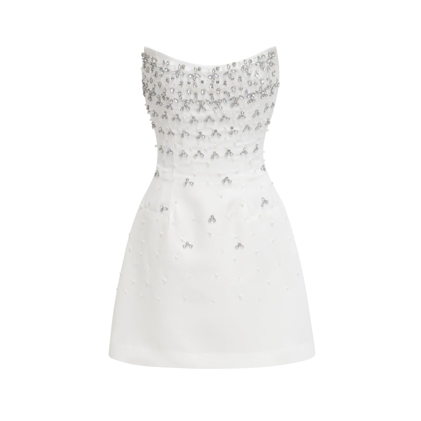 Radiance Elegance Beyaz Taş İşlemeli Straplez Mini Elbise Siaora