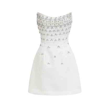 Radiance Elegance Beyaz Taş İşlemeli Straplez Mini Elbise Siaora