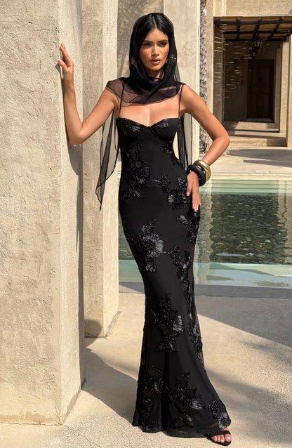 Nefertiti Maxi Elbise - Siyah Niebbla