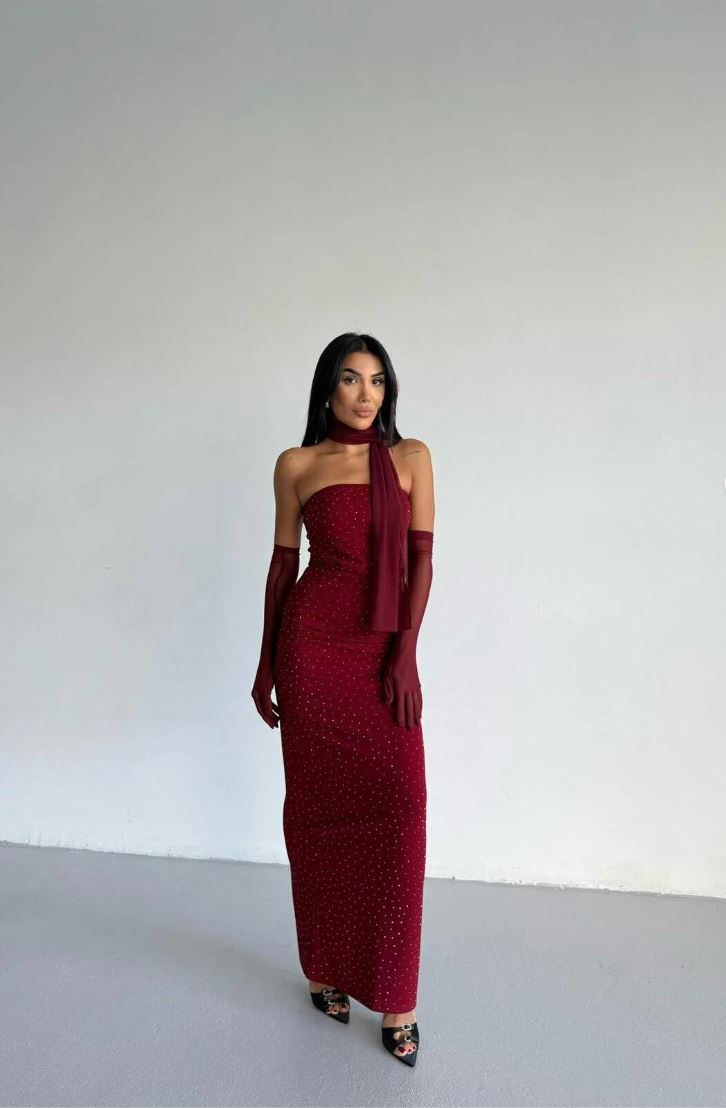 Eldivenli Straplez Şık Elbise THESVELTECHIC