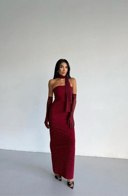 Eldivenli Straplez Şık Elbise THESVELTECHIC