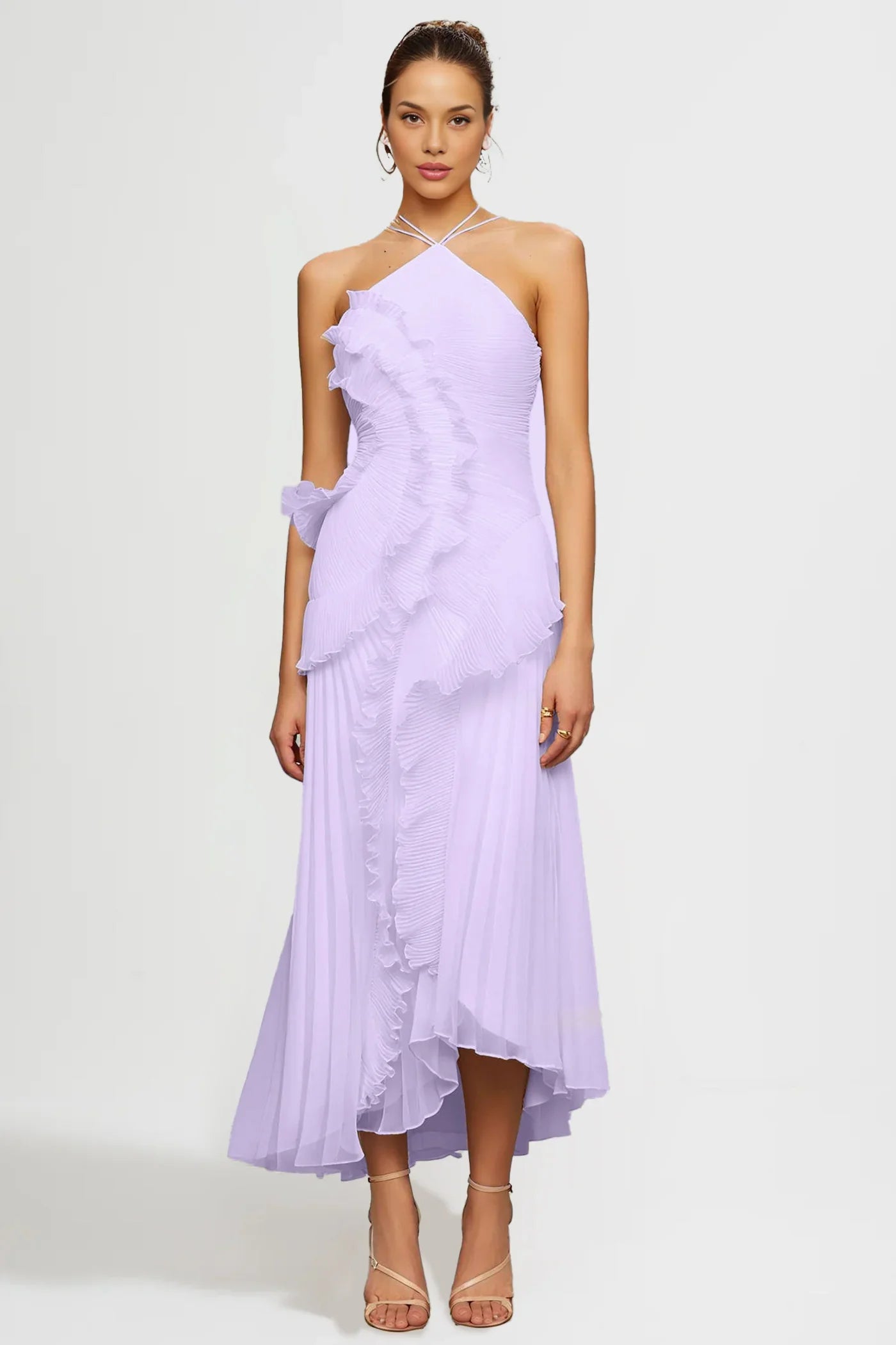Fırfır Detaylı Pileli Halter Midi Elbise Siaora