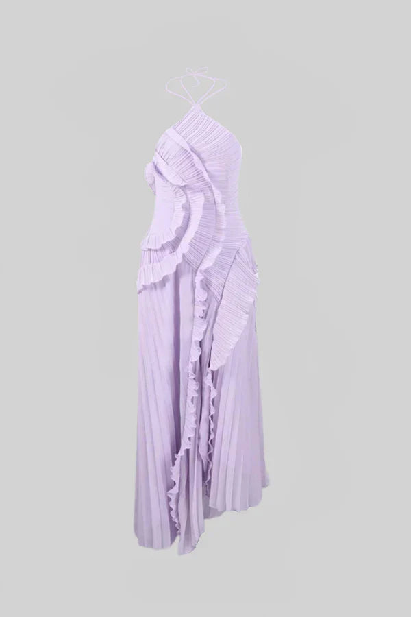 Fırfır Detaylı Pileli Halter Midi Elbise Siaora