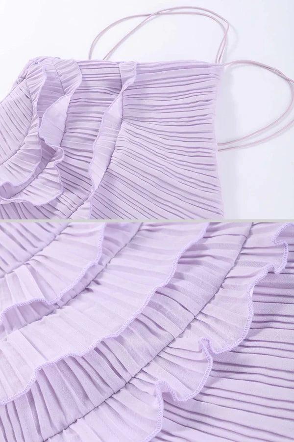 Fırfır Detaylı Pileli Halter Midi Elbise Siaora