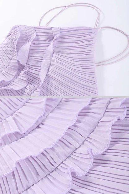 Fırfır Detaylı Pileli Halter Midi Elbise Siaora