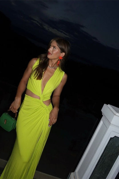 Sara V yaka Yüksek Yırtmaçlı Uzun Elbise Shine Aura