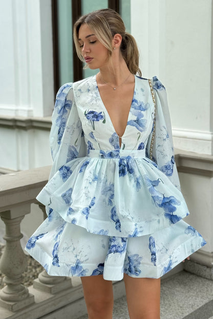 Peplum Detaylı Çiçekli Romantik Mini Elbise Siaora