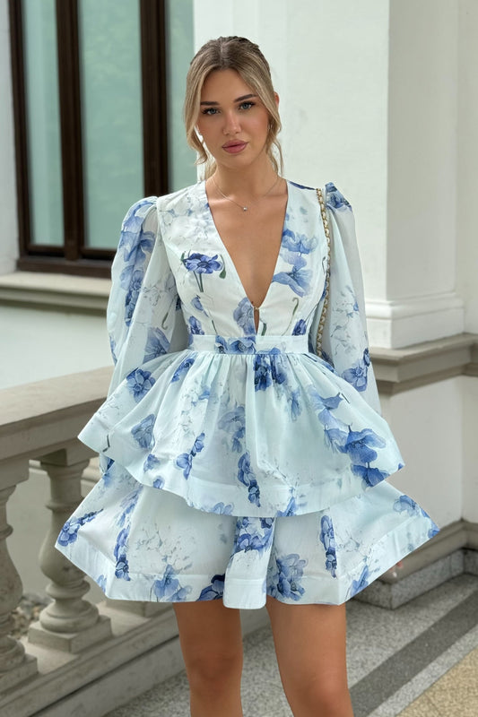 Peplum Detaylı Çiçekli Romantik Mini Elbise Siaora